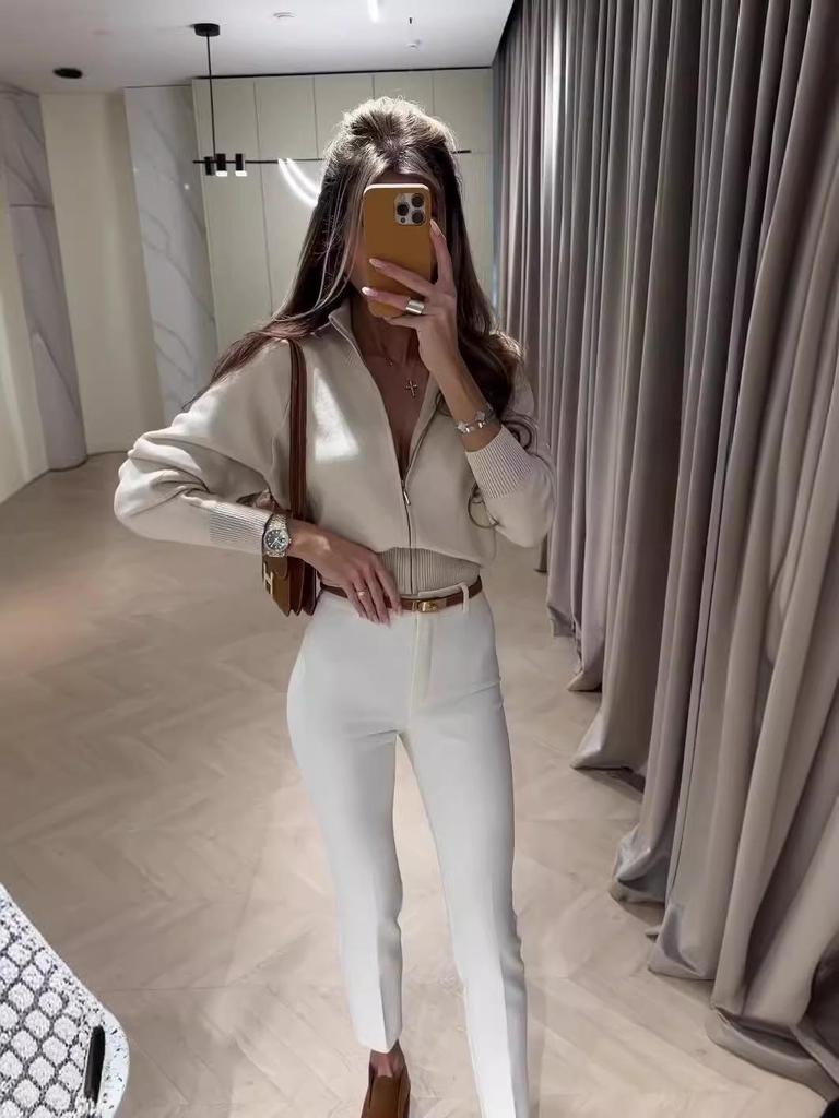 Top Curto Versátil Feminino Cor Sólida Costura Slim-Fit Outono 2024