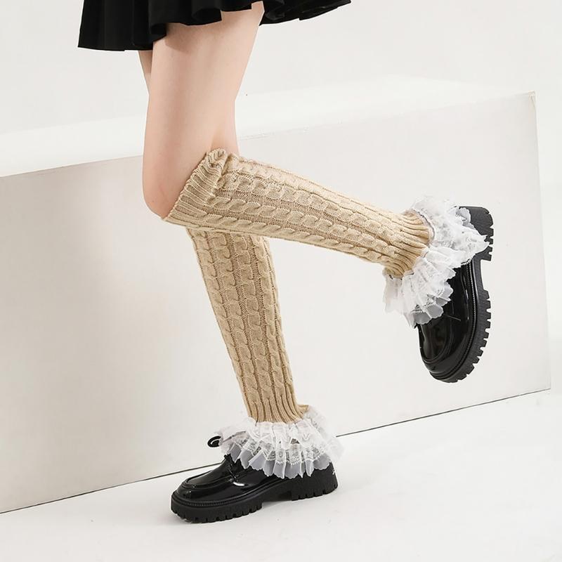 Cable Knit Leg Warmers Knee Length Socks Japanese Women Sweet Layered Ruffled Lace Trim Boot Cuffs Leg Covers Stockings