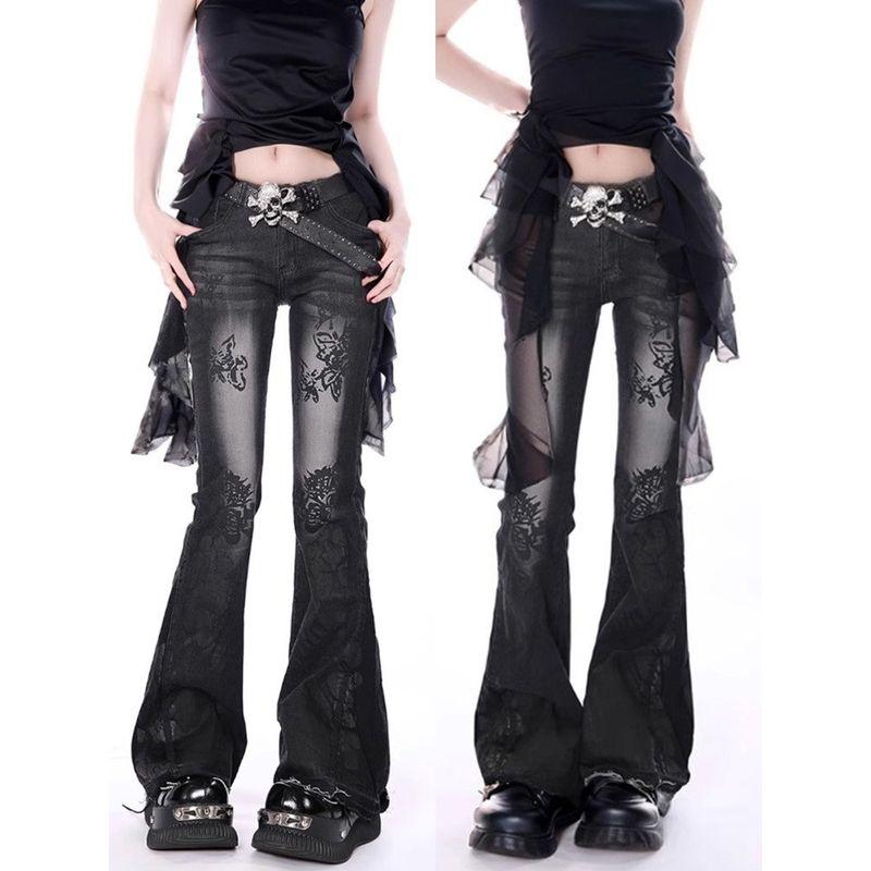 Black American Subculture Style Flared Jeans for Women, Summer Y2K Design, High-Waisted Slimming Pants, Plus Size for Curvy Women
