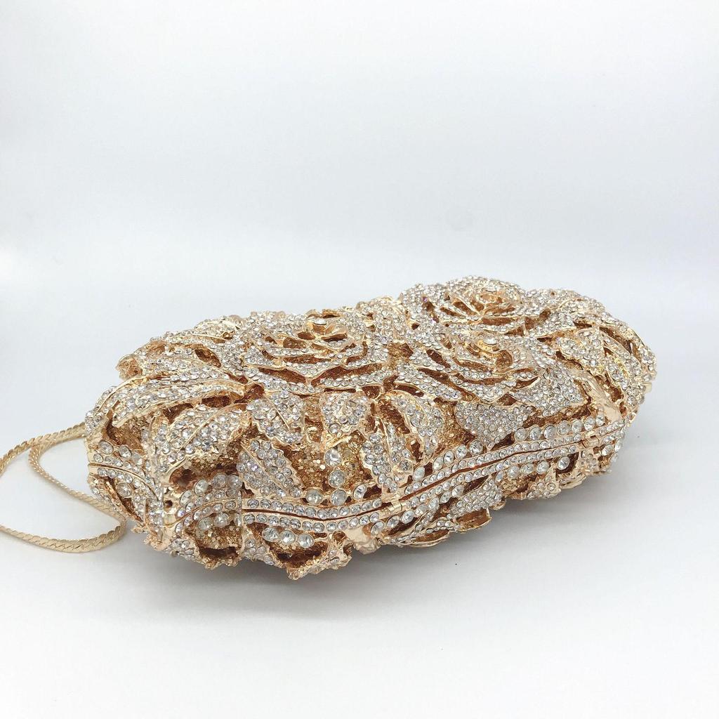 Elegante Borsa a Pochette da Sera in Cristallo e Strass a Forma di Rosa