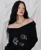 LMR Motif Embroidered Off-Shoulder Hooded Long Sleeve T-Shirt Black
