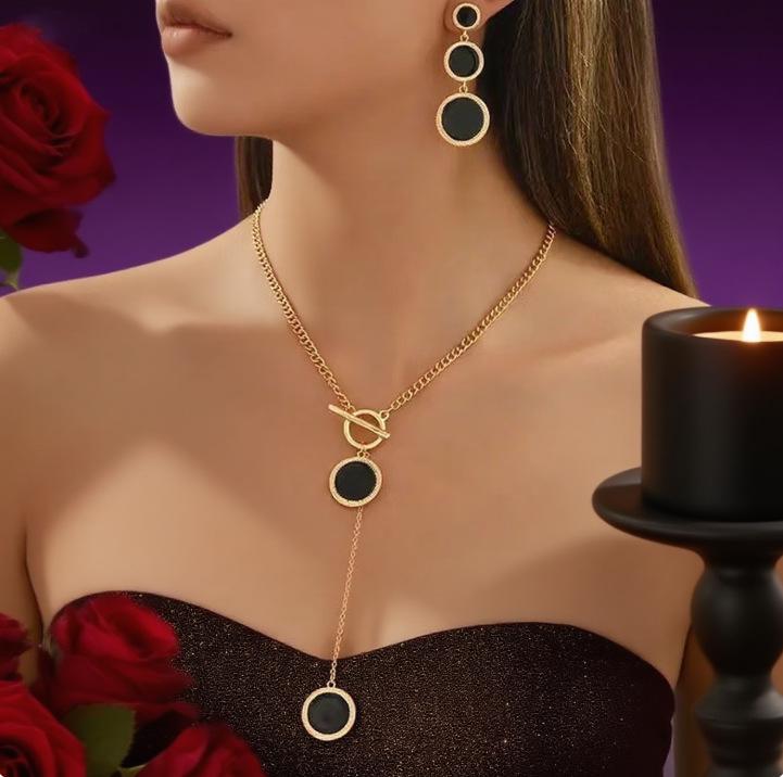 Geometric Round Pendant Necklace & Earrings Set - Retro Fashion Jewelry