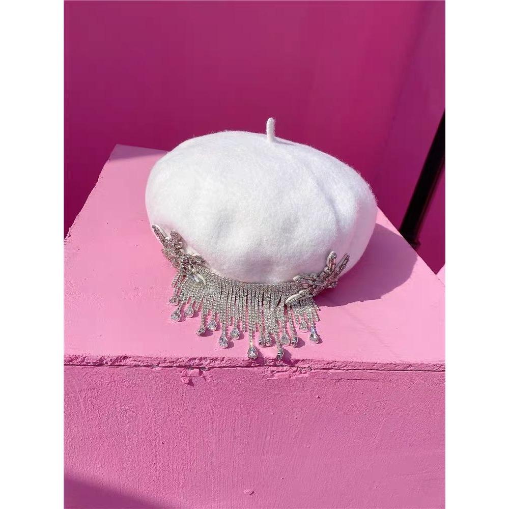 Dámské klobouky Originální Podzimní a Zimní Módní Retro Nádherný Lesklý Křišťál Dlouhý Střapec Haute Couture Vlna Malířský Baret