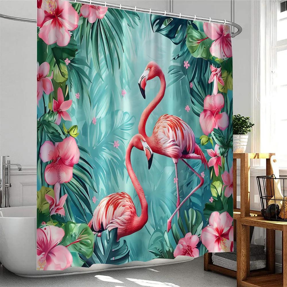 Tropical Pink Flamingo Shower Curtains Watercolor Flamingos Green Leafves Plant Polyester Fabric Bath Curtain Bathroom Decor Set