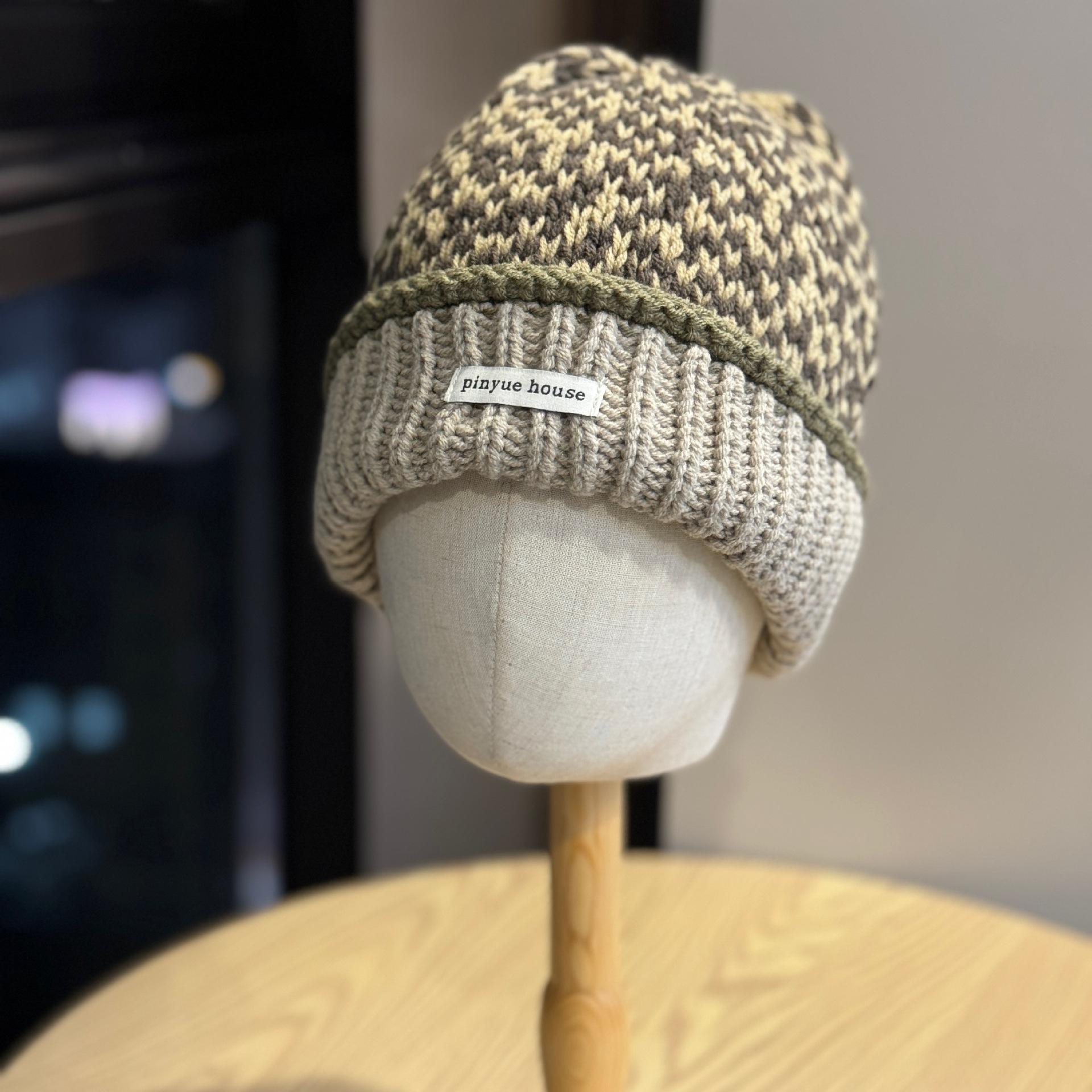 

New versatile Fair Isle color-blocked dopamine-style autumn and winter knitted hat for men and women, warm and ear-protective Adult54-60Average Size хаки