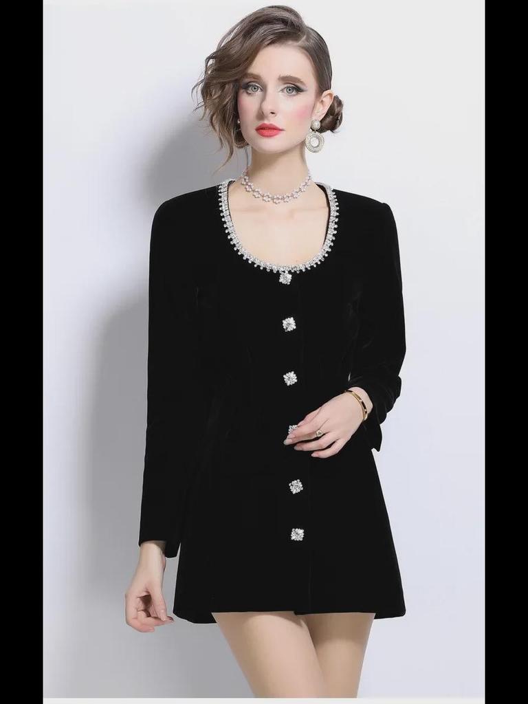 Elegant Velvet Dress with Red Rhinestone Accents