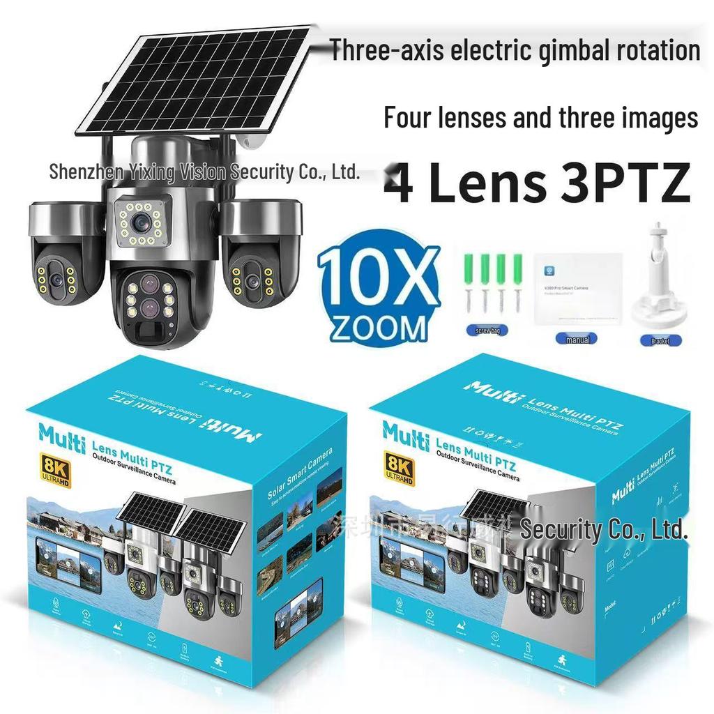 4G Solar-Powered 6MP Outdoor Waterproof Triple-Lens HD Night Vision Camera with 3-Axis Rotation
