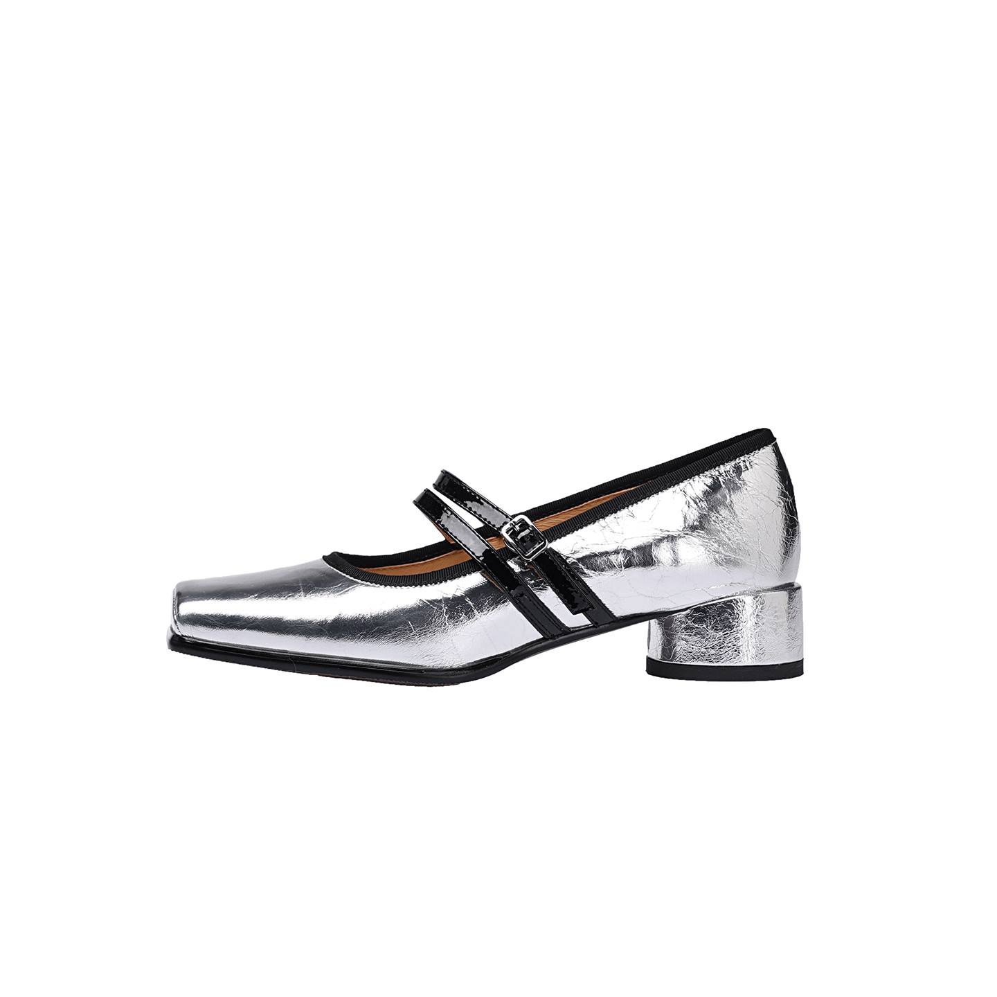 

Krazing Pot Cow Skin Square Toe Med Heels Summer Shoes Big Size 41 Metal Buckle Silver Color Women Modern Pumps 41