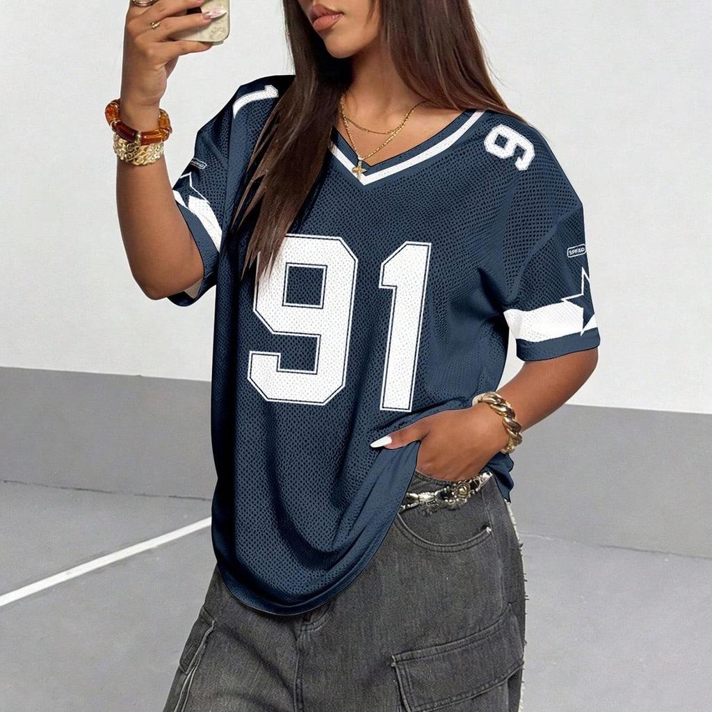 Women's Loose V-Neck Sporty Mesh T-Shirt with Digital Print