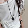 Wooden Oval Sandalwood Pendant Necklace Matte Metal Block Adjustable Leather Rope Sweater Chain