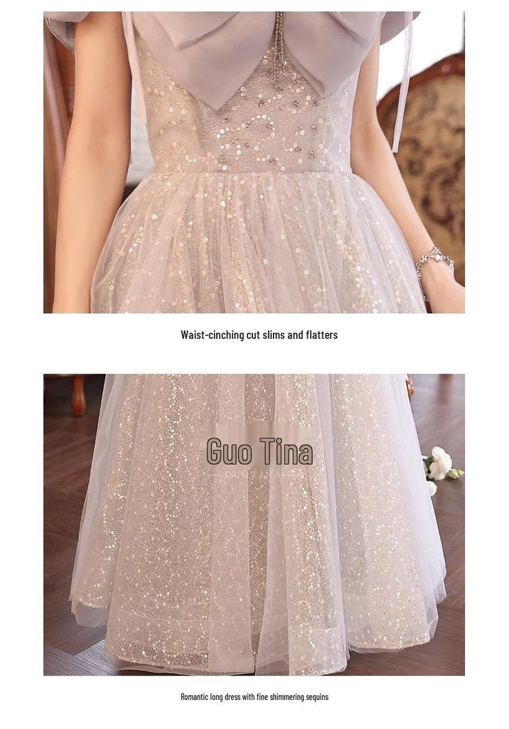 Graues Neckholder-Abendkleid - Damen 2026 Neuer Stil: Luxuriöses Bankettkleid für Zeremonien, Gesangsprüfungen