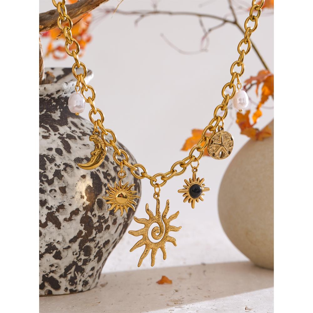Yhpup Trendy Starfish Moon Sun Shaped Pendant Charm Necklace Statement Stainless Steel Golden Chain Fashion Jewelry PVD Plated