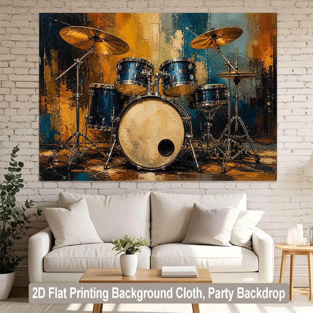 A 2D Flat Banner Background Fabric, with the Drum Set Positioned On the Colored Background Fabric.