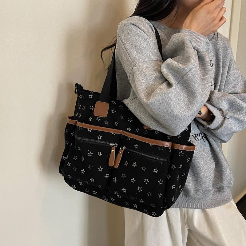 Womens Star Print Canvas Tote Bag Large Capacity Casual Shoulder Handbag Purse