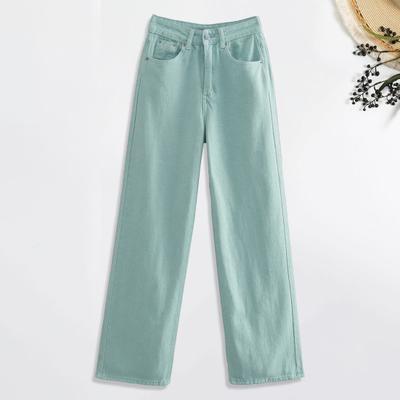 Women Jeans Straight Wide Leg High Waist Solid Color Loose Pockets Button Zipper Closure Retro Floor