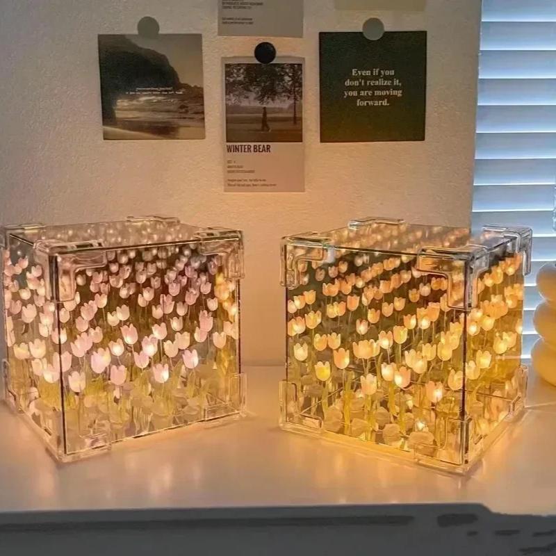 Romantic Tulip Flower Box Handmade Led Tulip Night Light DIY Material Package Bed Desktop Ornament Mirror Box Living Room Decor