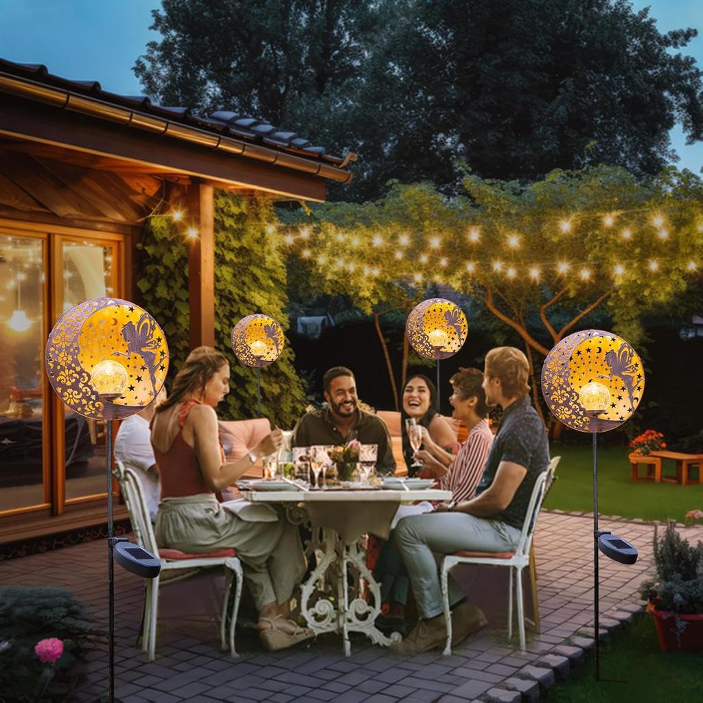 Tryme Solar Fairy Garden Lights - Moon Star Glass Globe Pathway Stake, Waterproof Outdoor Decorative Lights for Patio, Yard, Lawn