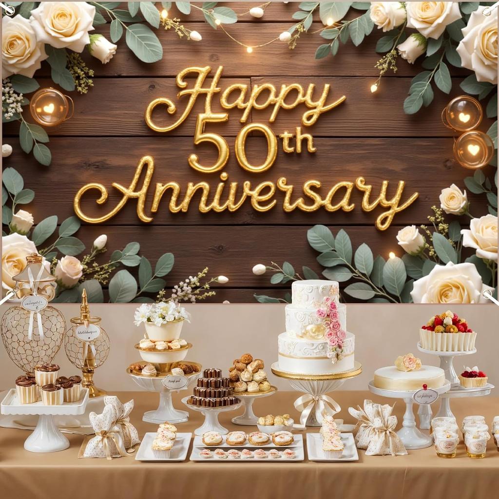 Happy 50th Anniversary Decorations Banner, 50th Wedding Anniversary Party Decoration Floral Backdrop, Celebration Golden Wedding Birthday Party