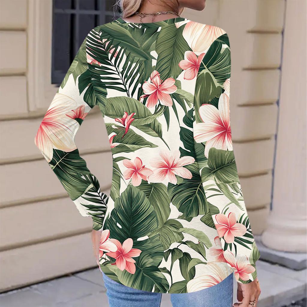 Women's Fashionable Casual Floral Retro Print Pleated Comfortable Round Neck Loose Long Sleeve T-shirt Top