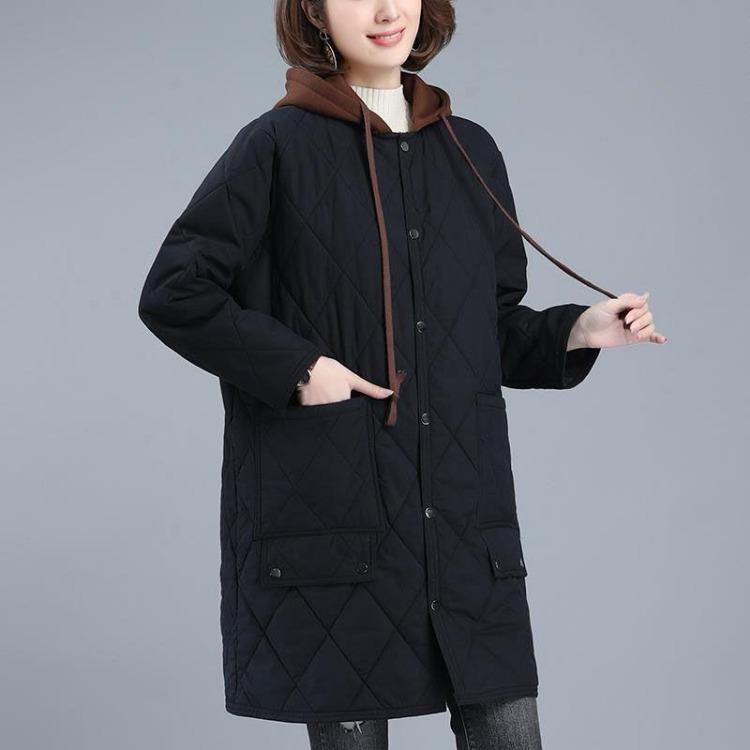 

Warm Quilted Hooded Cotton Padded Jacket for Women Winter Casual Loose Large Size Mid Length Coat L чорний