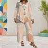 Women Plus Size Two Piece Set Round Neck Long Sleeve Printed Layered Top Wide Leg Cropped Pants
