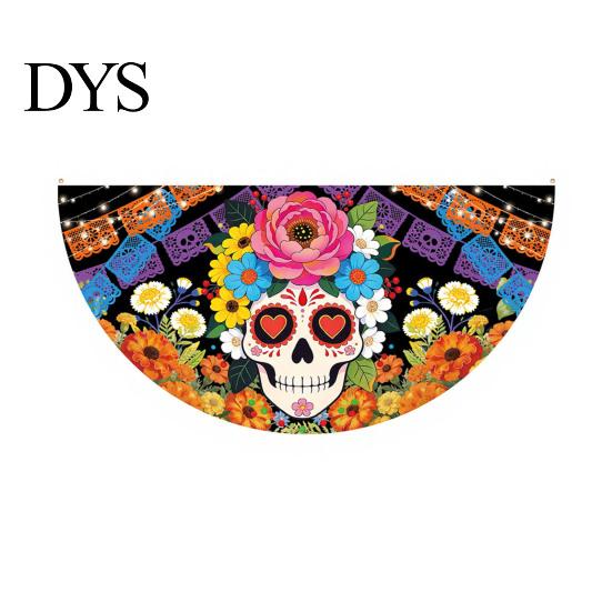 Colorful Cemetery Memorial Flag Day of The Dead Skull Bunting Banner, Marigold Print Fiesta Yard Sign Hanging Flag, Sugar Outdoor Party Decor