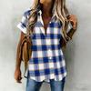 Women Plus Size Brown Blue Plaid Printed Collared Neck Short Sleeve Button Front High Low Curved Hem Shirt