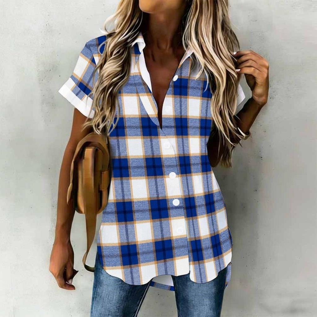 Women Plus Size Brown Blue Plaid Printed Collared Neck Short Sleeve Button Front High Low Curved Hem Shirt