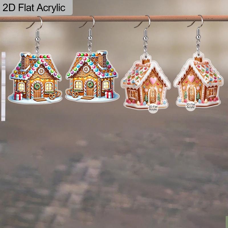 2D Flat 2pairs Christmas Candy House Acrylic Dangle Earrings, Perfect Gift for Women, Christmas Party Jewelry