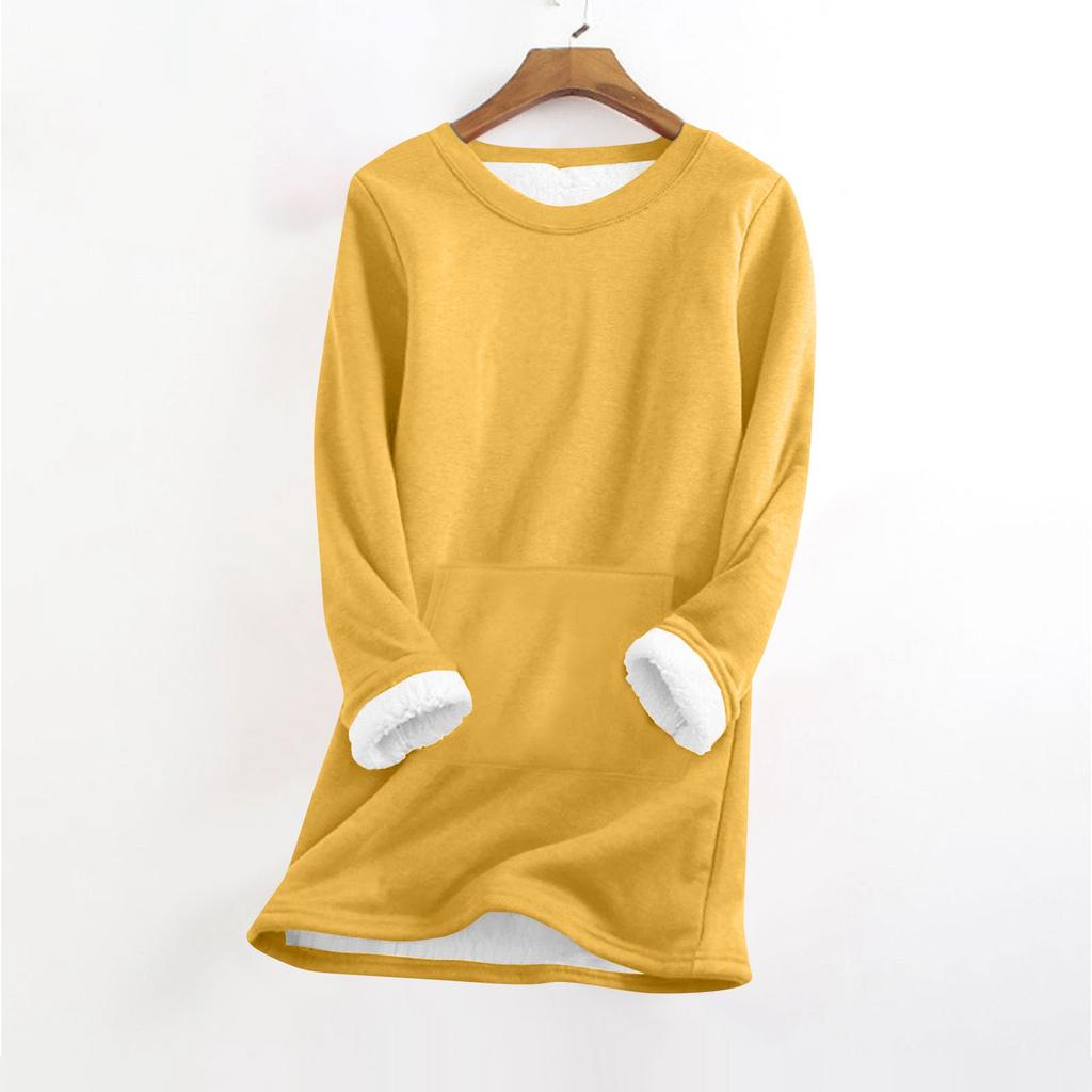 Women's Fashionable Solid Color Round Neck Long Sleeved Plush Warm Pullover Top