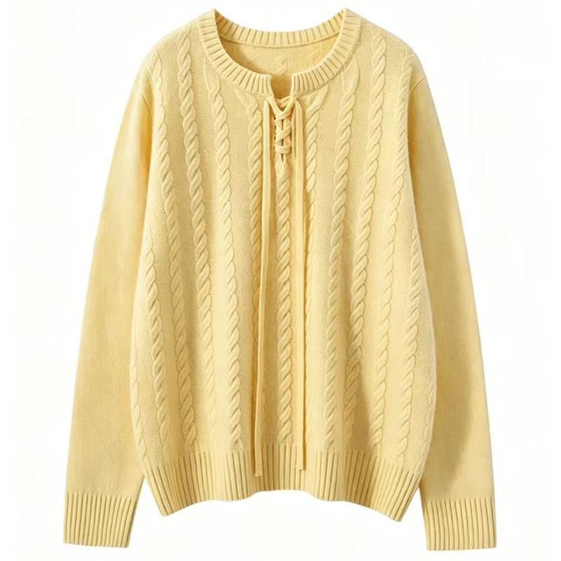 Women's Versatile Cable Knit Sweater - Loose Fit, Soft & Fluffy, Long Sleeve, Lace-Up, Round Neck for Autumn/Winter