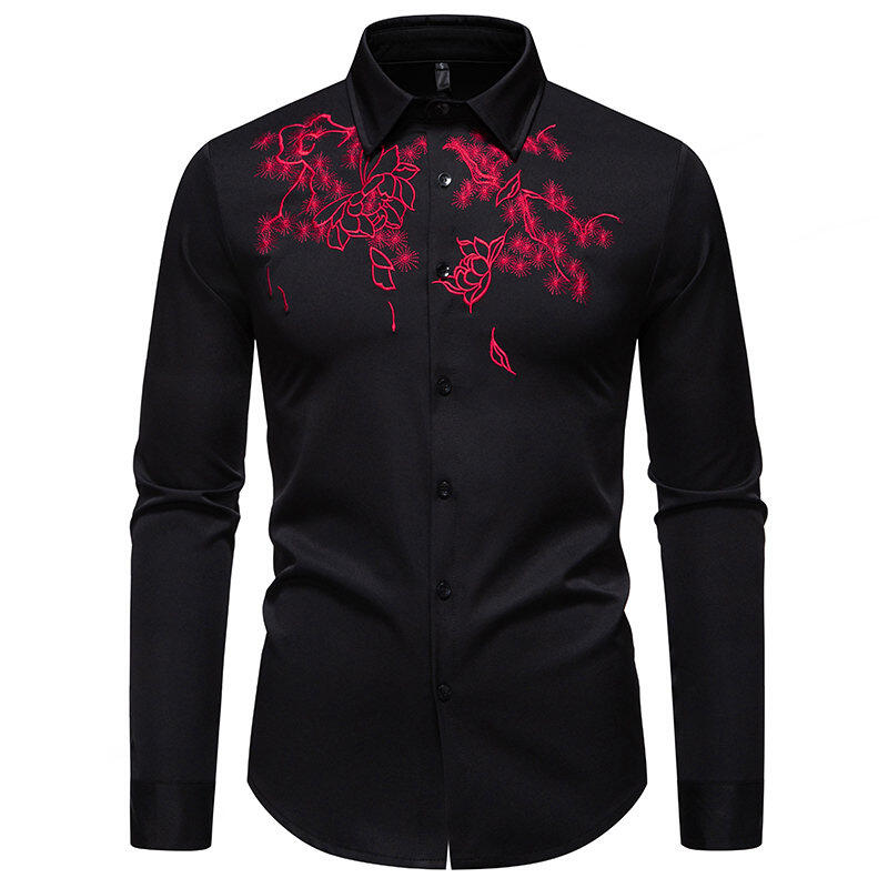

Затишний вінтажний дизайнерський одяг із квітковою вишивкою Чоловічі сорочки 2025 Розкішна чоловіча вестерн-сорочка з довгим рукавом для вечірок у вікторіанському стилі XXL чорний