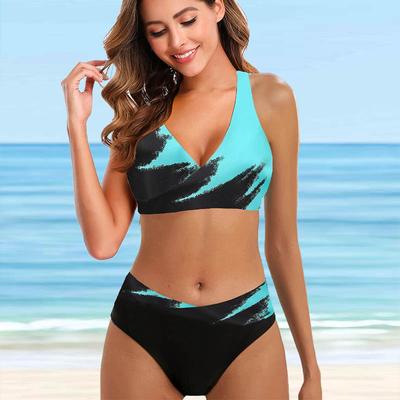 Women's Shoulder Strap Swimsuit Black Ink Wash Print Bikini Tankini Swimsuit