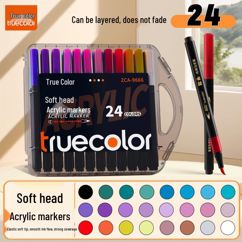 True Color Soft Tip Acrylic Marker Pen, Small Square Barrel, Black Box, No Bleed, Layerable, Ideal for Children's Art and Newspaper Painting.