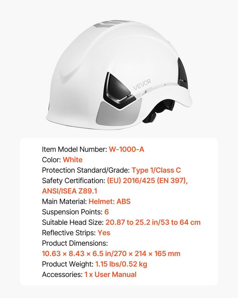 Safety Helmet, ANSI/ISEA Z89.1 Approved ABS Safety Hard Hat with 6-Point Ratchet Suspension, Adjustable Vented Hardhat for Men Women Adults, for