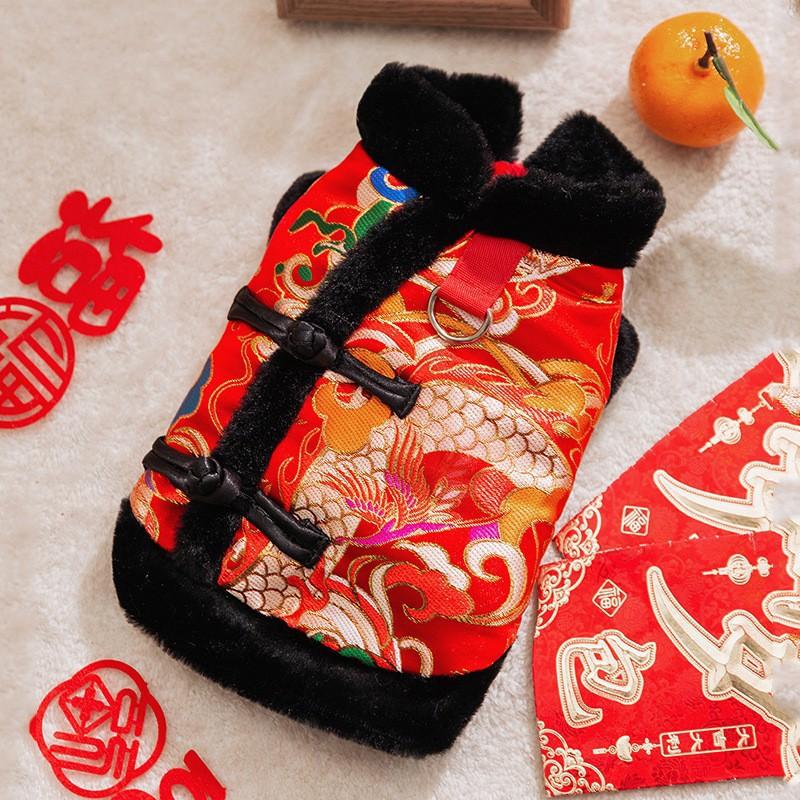Winter Warm Pet Dog Coat Chinese Style Red Tang Suit Small Dogs Cats Festive New Outfit