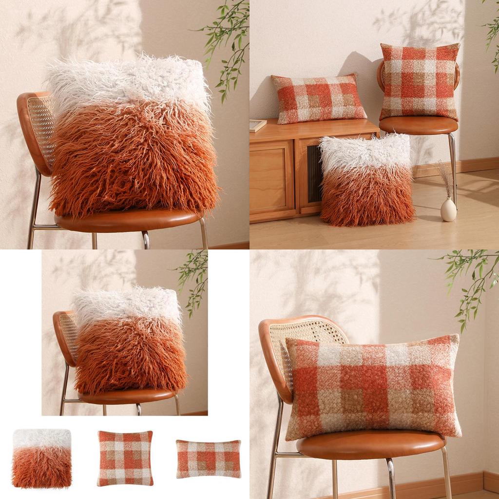 Pillowcase Only Luxurious Plush Gradient Orange Sheepskin Throw Pillow Cover Modern Minimalist