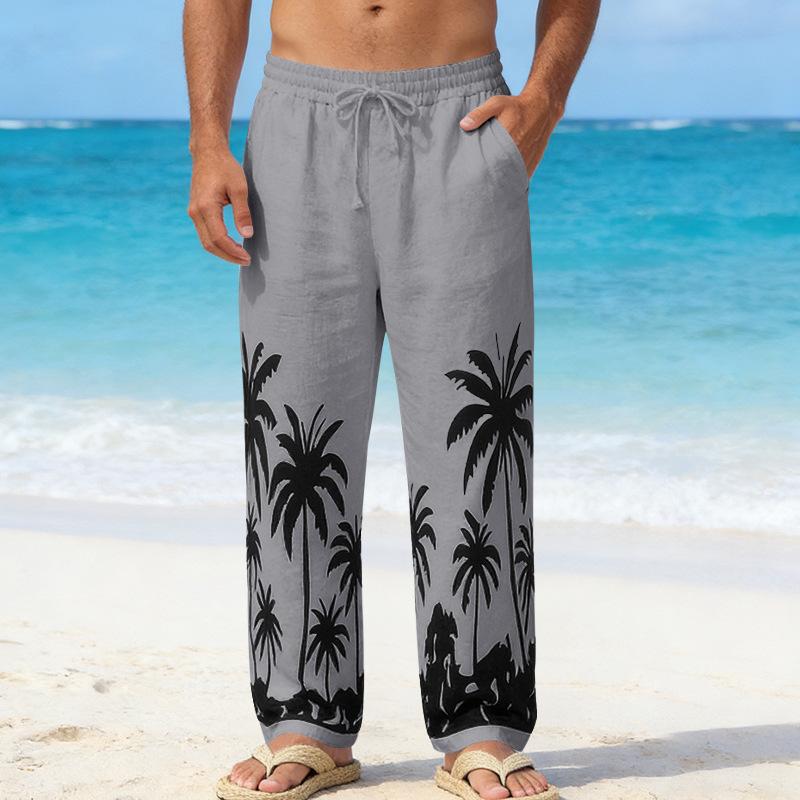 Four Seasons Men's Relaxed Fit Beach Resort Casual Printed Straight-Leg Linen Trousers