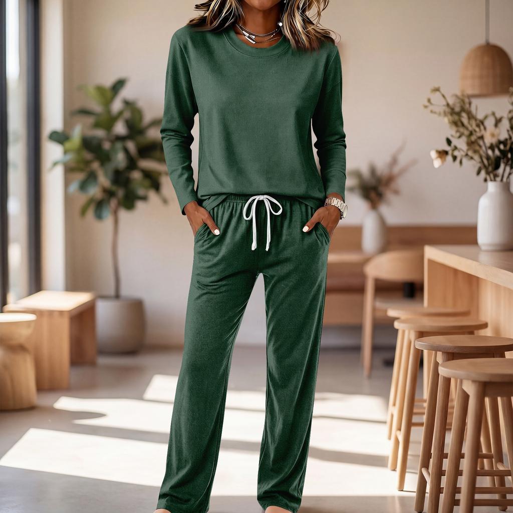 Women's Round Neck Long Sleeve Pajama Set with Drawstring Wide Leg Pants for Sleepwear Loungewear