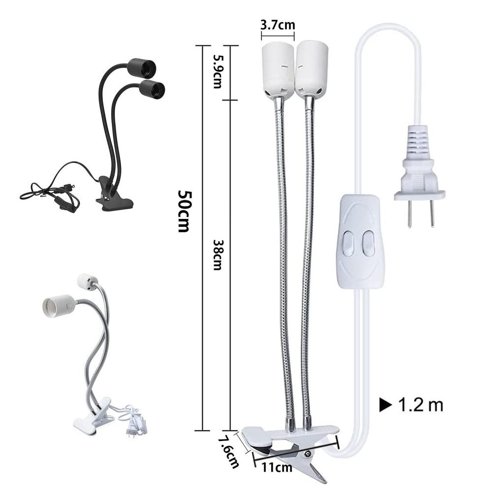 Clip-on E26 Dual-Bulb Socket with Switch, Desk Light, Tabletop Stand, LED Grow Light, Adjustable Angle, 360-Degree Rotation, Reptile, Turtle Light,