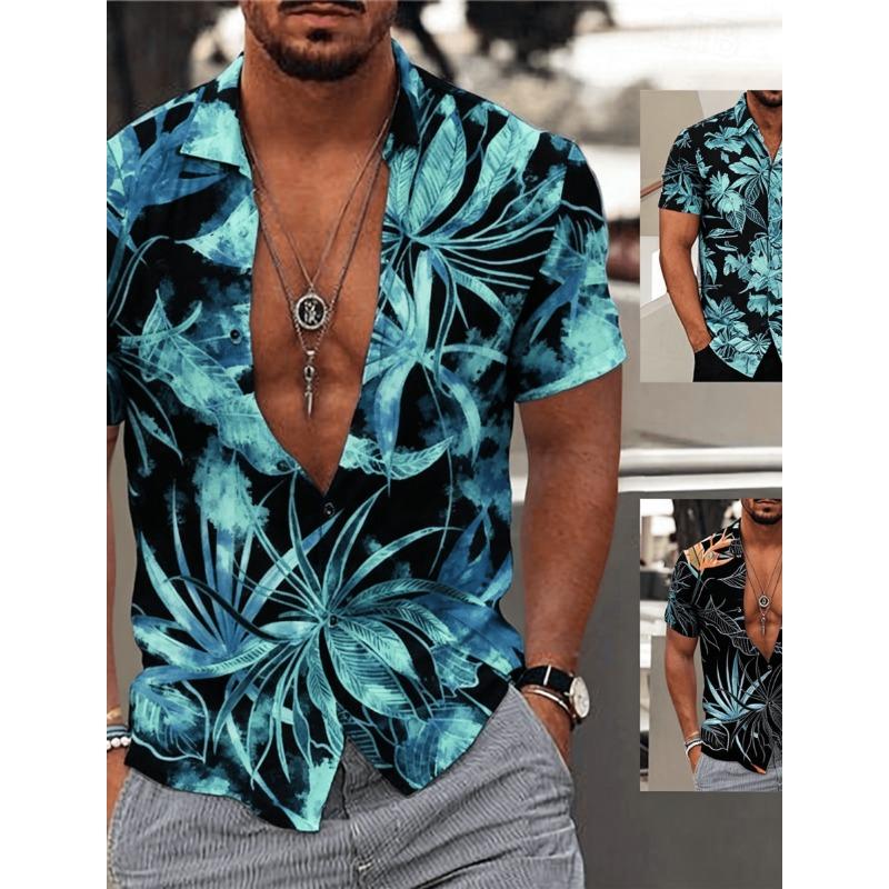Men's Gradient Tropical Palm Leaf Print Short Sleeve Shirt, Casual Hawaiian Button Up Shirt for Spring Summer