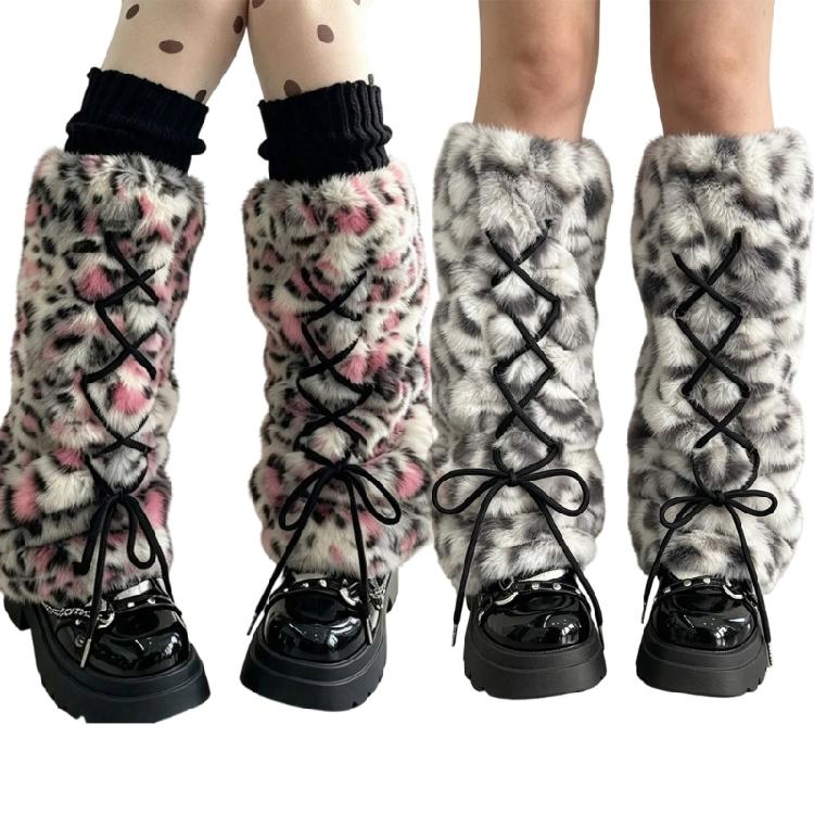 Dicke Damen-Beinwärmer für kühles Wetter aus Kunstpelz mit Plüsch-Leopardenmuster und gekreuzter Schnürung, Warme Stiefelüberzieher Socken für Lagenlook
