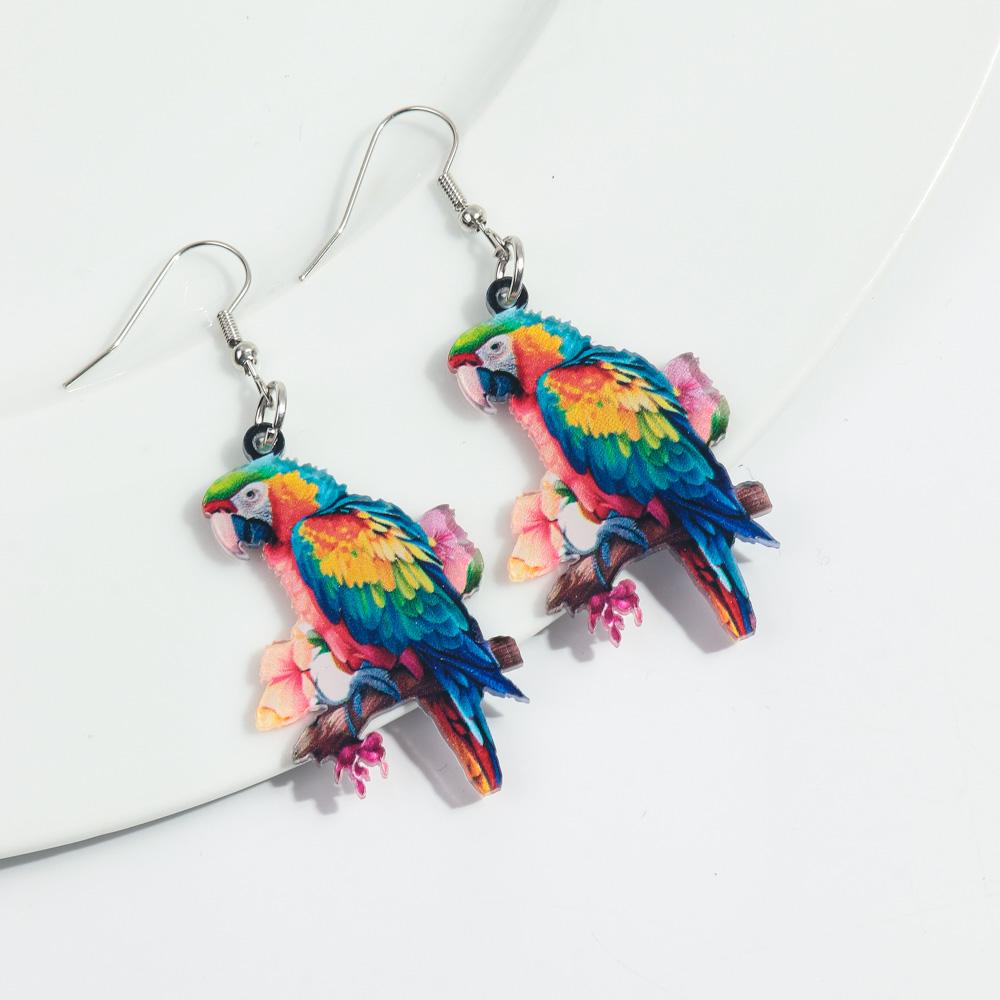 Creative Cute Flowers Parrot Birds Acrylic Drop Earrings Personality Colorful Painted Animals Danle Earrings for Women Jewelry