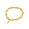 Gold Beaded Elastic Bracelet with Alloy Disc and Cross Pendant