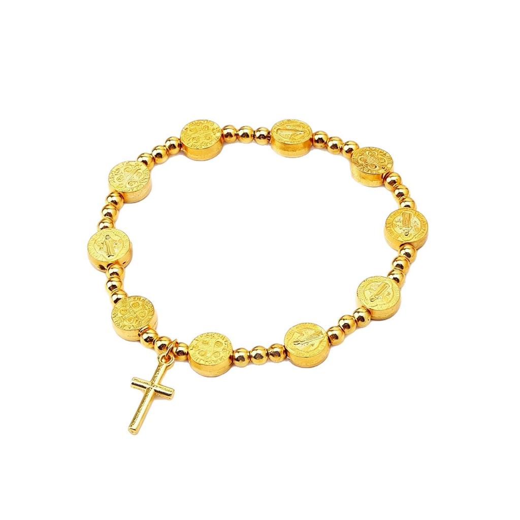 Gold Beaded Elastic Bracelet with Alloy Disc and Cross Pendant