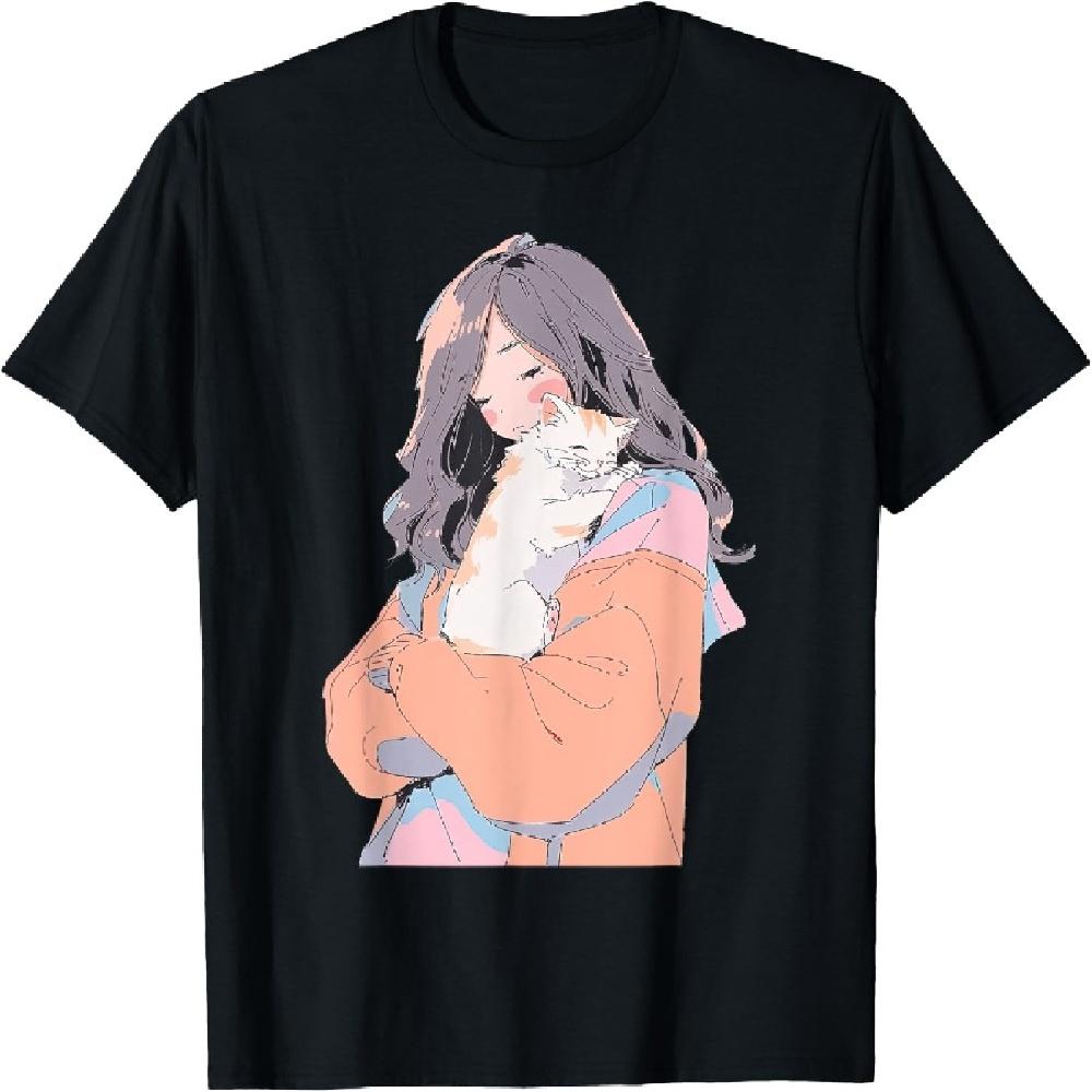 Аниме и кошки Девушка манга с кошкой Любитель аниме Футболка1 XXXXXL чёрный