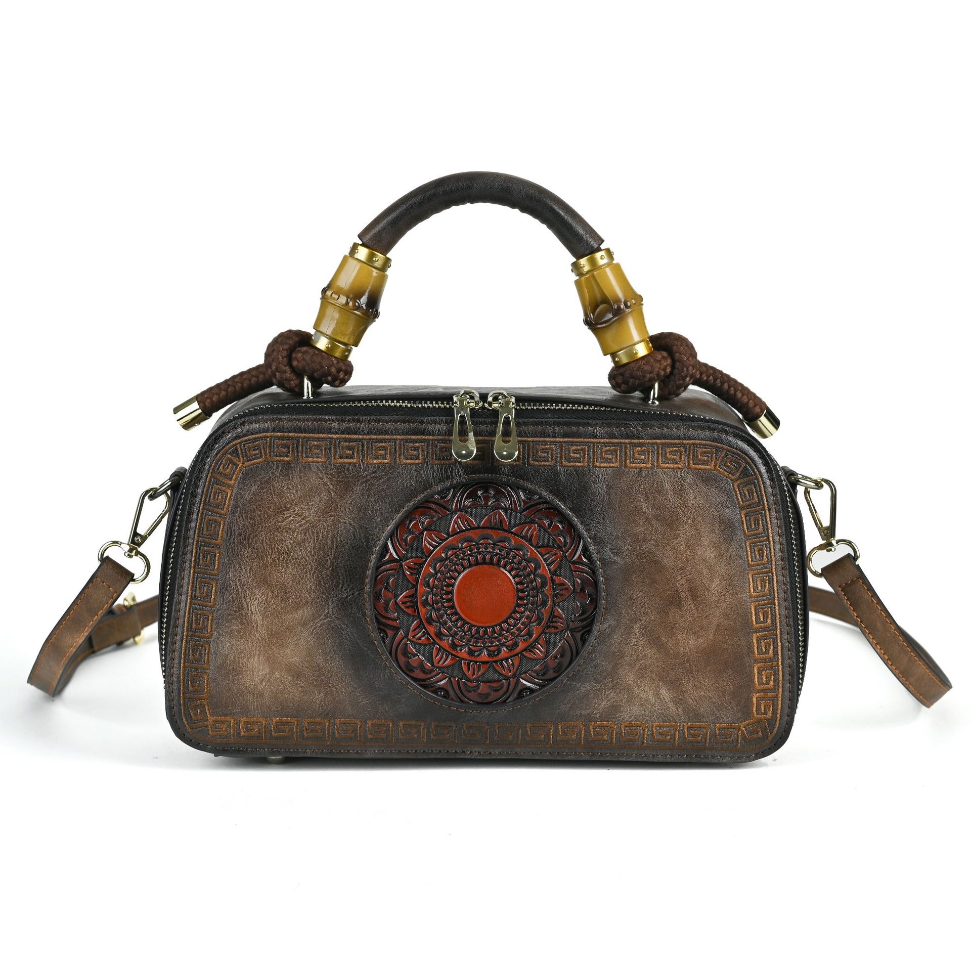 

Johnature, женская сумка с тиснением в стиле ретро, ​​универсальная кожаная сумка в китайском стиле, сумки через плечо для отдыха кофейный