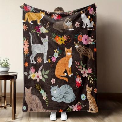 1pc Throw Blanket Cartoon Cats Flowers Digital Print Soft Warm Blanket Cute Vintage Blankets for Sofa Bed Office Home Decor Gift