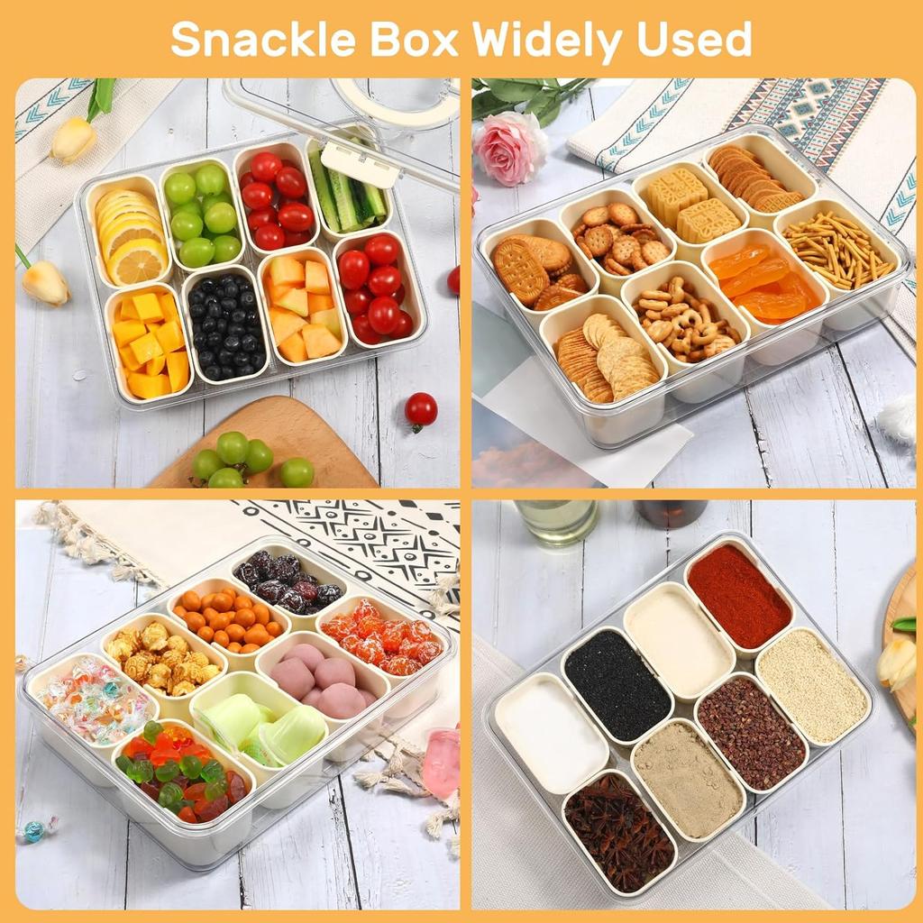 Snackle Box, Divided Serving Tray with Lid and Handle - Portable Snackle Box Charcuterie Container, Clear Snack Platter Organizer, 8 Compartments