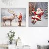 Vintage Santa Claus On A Swing Poster Reindeer Prints Canvas Printing Christmas Holiday Wall Art Picture for Home Decor Gifts